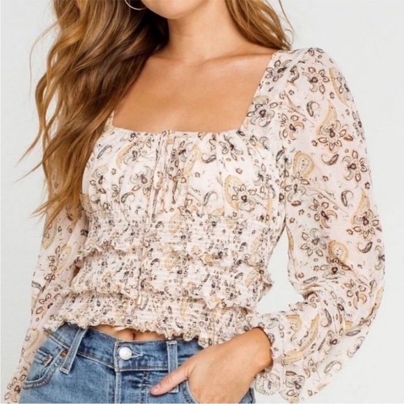Free People Tops - Free People Floral Paisley Smocked Crop Blouse Boho Lolita Top XS